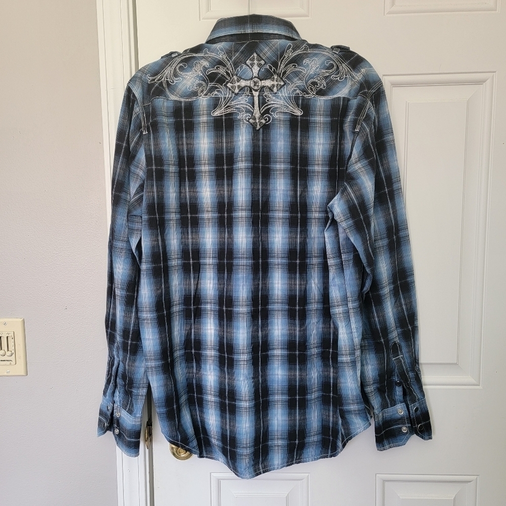 Supply Company USA Blue Plaid Affliction Style Black Pearl Snap Shirt Size L - Picture 5 of 12